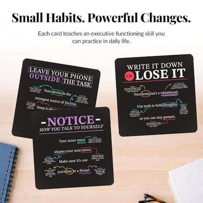 Executive Functioning Cards – 52 Daily Habit & Focus Cards for Organization, Time Management & Self-Control – For Kids, Teens & Adults – Includes Wooden Display Stand - style: Executive Functioning