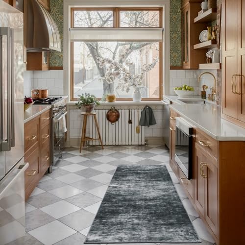 WILLSUN Washable Area Rugs, 2x6 Non-Slip Boho Area Rugs for Kitchen, Living Room, Bedroom, Machine Washable Vintage Rug, Indoor Floral Print Carpet for Home Decor, Kid & Pet Friendly Mat - color: Light Black, size: 2' x 6' (Rectangular)