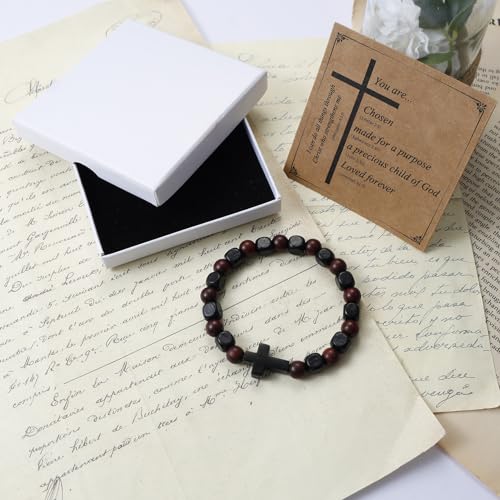 MILAKOO Wooden Bracelet with Black Stainless Steel Cross Charms Bead Christian Gifts for Women Men - color: D3