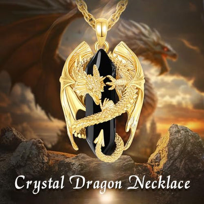 INFUSEU Unique Dragon Necklaces with Healing Crystal Stone for Men Women, Personalized Spiritual Gifts, 24 Inch Chain - color: Gold-Obsidian