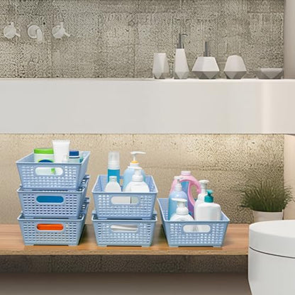Tiawudi Stackable Woven Plastic Basket, Storage Bins for Cabinet, Closet, Shelf, Under Sink and Countertop, Pantry Organizer Bins, 6 Pack - color: Light Blue
