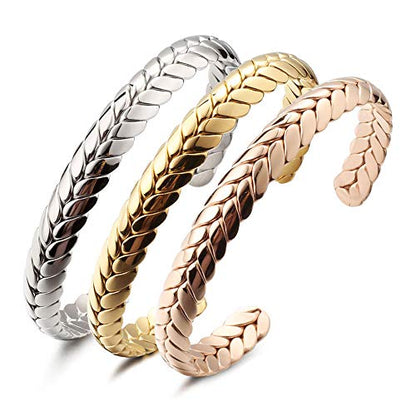 Stainless Steel Cuff Bracelet, Wide Open Adjustable Wheat Bracelets, Weave Style Bangle Wrap Jewelry for Women