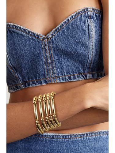 Gold Chunky Bangles Bracelets For Women 14k Gold Plated Stack Layered Curved Bamboo Tube Stretch Bracelets Gift Jewelry - color: 5pcs Gold-8mm