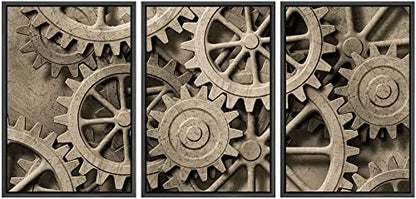 wall26 - 3 Piece Framed Canvas Wall Art - a Mechanical Background with Gears and Cogs - Modern Home Art Stretched and Framed Ready to Hang Panels - 16"x24"x3 Black - color: Artwork - 004, size: 16" x 24" x 3 Panels BLACK