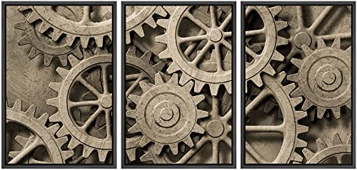 wall26 - 3 Piece Framed Canvas Wall Art - a Mechanical Background with Gears and Cogs - Modern Home Art Stretched and Framed Ready to Hang Panels - 16"x24"x3 Black - color: Artwork - 004, size: 16" x 24" x 3 Panels BLACK