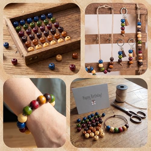 WILLBOND 130 Pieces Macrame Wooden Beads 9mm Hole Loose Beads with Hole for Macrame Rosary Making Kits Supplies Jewelry Bracelet Hair DIY Craft Handmade(Caramel, Natural Wood, Green, Red, Blue, Mini) - color: Caramel, Natural Wood, Green, Red, Blue, style