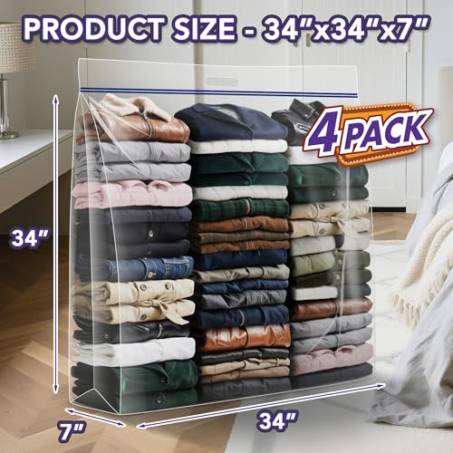 Extra Large Clear Wreath Storage Plastic Bag with Handle For Halloween Summer Christmas Decoration or Clothing Blanket Comforters Bed Sheets Pillows, 4 Pack, 34"x34"x7"