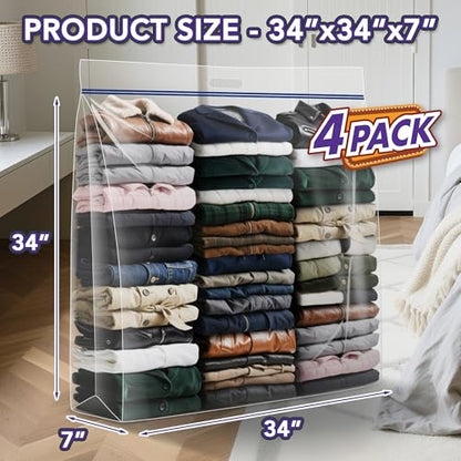 Extra Large Clear Wreath Storage Plastic Bag with Handle For Halloween Summer Christmas Decoration or Clothing Blanket Comforters Bed Sheets Pillows, 4 Pack, 34"x34"x7"