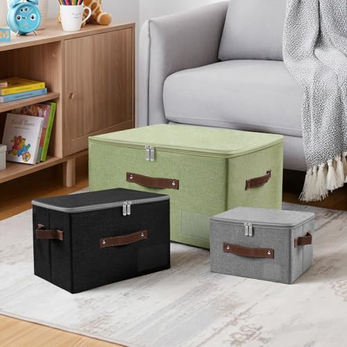 ANMINY Storage Bins with Zipper Lid Storage Boxes with Label Holder PU Leather Handles Washable Foldable Decorative Lidded Cotton Linen Fabric Cubes Baskets Closet Organizer - Gray, Small