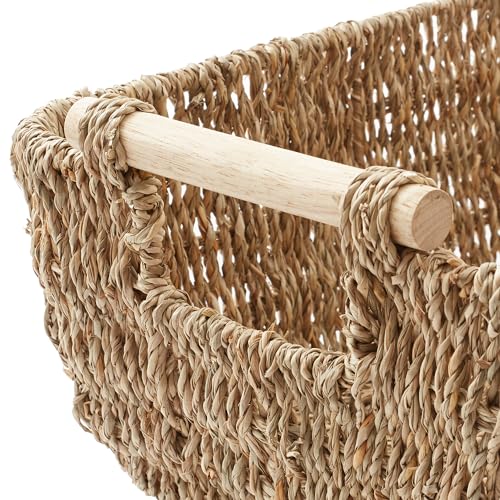 Casafield Set of 2 Seagrass Oval Storage Baskets with Wooden Handles - Large, Woven Bin Organizers