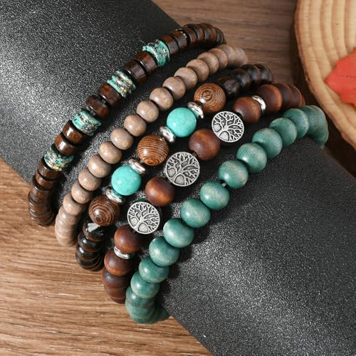 Boho Beaded Bracelet Set for Women Men Tree of Life Wood & Stone Stretch Bracelets Stackable Adjustable Unisex Jewelry Gift