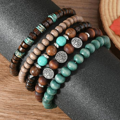 Boho Beaded Bracelet Set for Women Men Tree of Life Wood & Stone Stretch Bracelets Stackable Adjustable Unisex Jewelry Gift