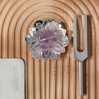 Ckakra Solfeggio Frequencies Tuning Fork with Crystal Kit,Solfeggio Energy Tuners,963hz Crown Chakra,Natural Amethyst,Meditation Gifts for Women,Shiny Silver - color: Crown Chakra