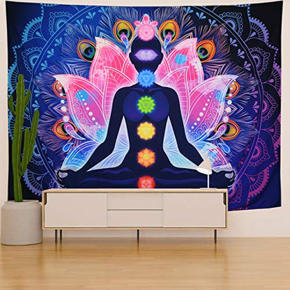 Maccyafst Seven Chakra Yoga Meditation Wall Hanging - Colorful Mandala Indian Hippie Chakra Tapestry for Studio Room (H51.2 W59.1) - size: 51.2"×59.1"