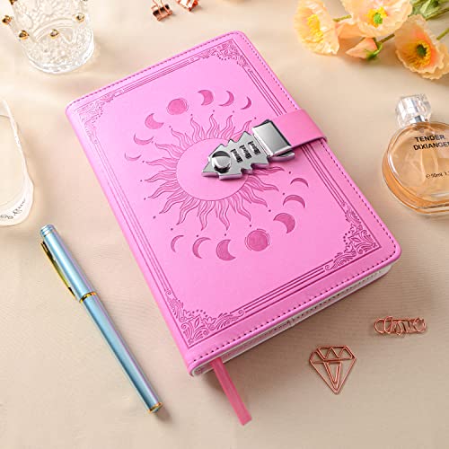 ZXHQ Journal with Lock for Girls Women,A5 224 Pages Lock Diary, Colorful Edge, Refillable, Leather Hardcover 8.5" × 5.9" - Pink - color: Pink