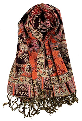 Plum Feathers Tapestry Ethnic Paisley Pattern Pashmina Shawl Scarf, Womens Pashmina Shawl Wrap with Fringes - color: Black Orange Tropical Paisley