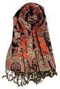 Plum Feathers Tapestry Ethnic Paisley Pattern Pashmina Shawl Scarf, Womens Pashmina Shawl Wrap with Fringes - color: Black Orange Tropical Paisley