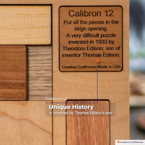 Creative Crafthouse Calibron 12 - Impossible 12 Piece Wooden Brain Teaser for Adults - Very Difficult Wood Puzzle - Made in USA - style: Calibron 12