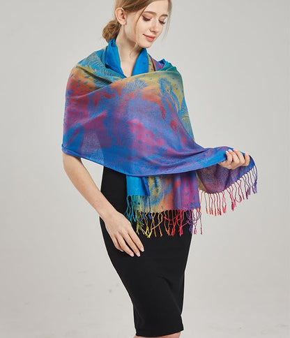 Rave Pashmina Scarf, Fashion Colorful Shawls and Wraps Soft Festival Scarves - color: B-royal Blue (Feather Pattern)