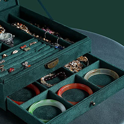 Women Jewelry Box Lockable 3 Layers Large Jewelry Organizer Storage Case for Earrings Necklaces Rings Bracelets,Green Display Jewel Holder (Green) - color: Green