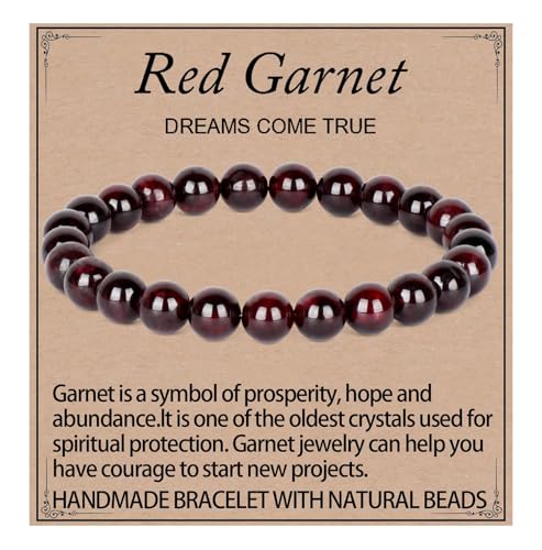 LPBeads Handmade Natural Gemstone Stretch Elastic Bracelet Healing Crystal Round Stone Beads Jewelry Gifts for Women Men - color: Garnet, size: 8mm