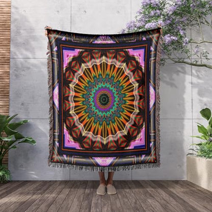 3dRose Mandala Zen InnerBalance Harmony Gold Yellow Orange Purple Blue Glowing Chakra Meditation Woven Blanket
