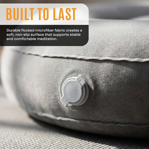 BOWERY HILL Fabric Round Inflatable Travel Meditation Cushion, Light Gray, 16 in x 5.5 in, Adjustable Air Chamber, Durable Flocked Microfiber, Lightweight Portable Design with Carry Case, Yoga or