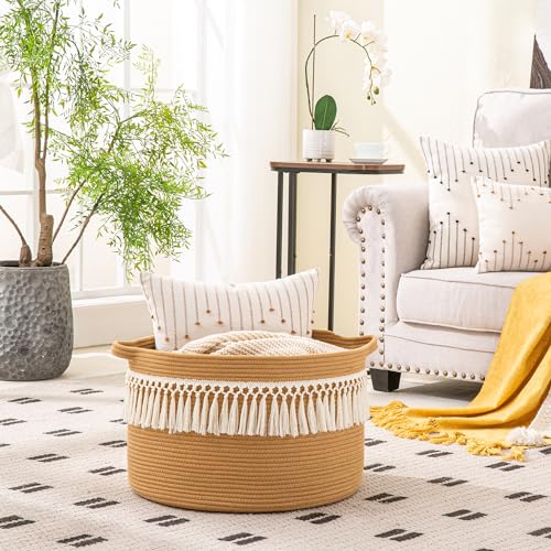 KAKAMAY Large Blanket Basket (20"x13"),Woven Baskets for storage Baby Laundry Hamper, Cotton Rope Blanket Basket for Living Room, Laundry, Nursery, Pillows, Baby Toy chest (Brown Fringe) - color: Brown Fringe