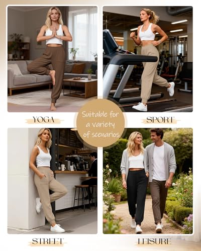 3 Pack Women's Lounge Pants Yoga High Waist Sweatpants Workout Lightweight Casual Joggers Comfy Pajama with Pockets - color: Black, Brown, Khaki, size: Large