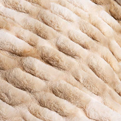 BATTILO HOME Ruched Luxury Faux Fur Throw Blanket Beige Tie-dye Rabbit Fur Blanket for Couch, Living Room, Fuzzy, Soft, Plush, Cozy, Elegant with Reversible Mink Blanket Beige, 60"x80" - color: Beige, size: 60"x80"