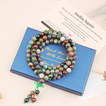 AD Beads 6mm 8mm 108 Prayer Mala Jasper Elastic Bracelet - Handmade Yoga Meditation Healing Power Energy Gifts for Unisex Adult. - color: India Agate(Peaceful)