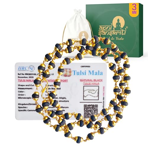 Apnisanskriti Black Tulsi Mala in Golden Design Caps (63 Beads, 3Mm, Neck Length) - Black Golden Color - Tulsi - Pack of 1
