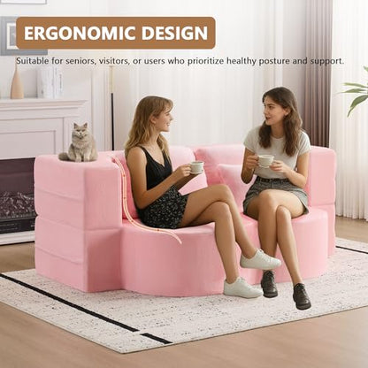2-in-1 Folding Sofa Bed with Pillow, No Assembly Futon Twin Size Sofa Bed, Breathable Velvet Convertible Couch Bed for Living Room and Guest Room, 78.7 Inch, Pink - color: Pink-78.7", size: 2 seat