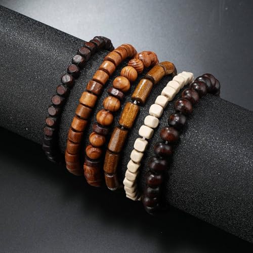 MILAKOO Mens Beaded Bracelets Tribal Wooden Elastic Adjustable Prayer Beads Wrap Cuff for Women - color: E: 6pcs