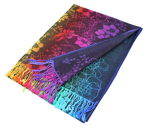 PASKMLNA Double Side Multi Colors Silky Tropical Colorful Exotic Pashmina Wrap Shawl Scarf Rave - color: 051-navy Multi Feathers