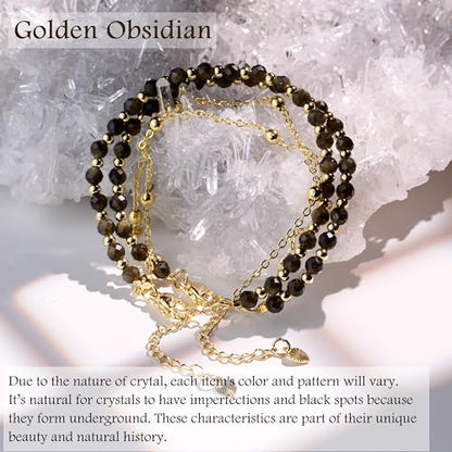 Farfume Crystal Bracelet Beaded Bracelets 4mm Natural Stone Beads Gemstone Handmade Jewelry Gift for Women - color: Golden Obsidian-Protection & Insight