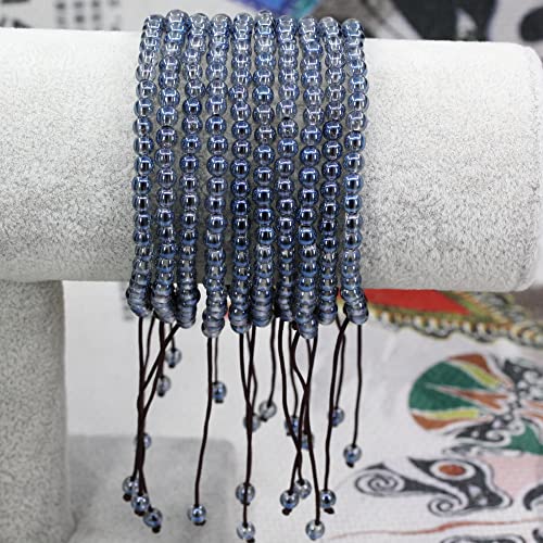 Keleny Natural Gemtones 4mm Round Beads Crystal Adjustable Braided Macrame Tassels Bracelets Unisex - color: Coated Blue Clear White Quartz