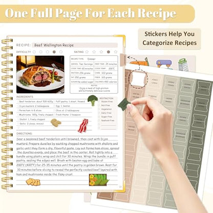 GuassLee Blank Recipe Book to Write in Your Own Recipes, 8.5"x11" Blank Recipe Notebook for 140 Recipes, Personal Cookbook Hardcover Journal with Tabs, Stickers & Pocket, Beige - color: Orange