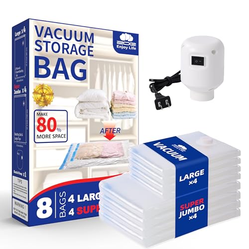 Vacuum Storage Bags with Electric Pump, 8 Pack (4 Large and 4 Super Jumbo), Heavy Duty Reusable PA+PE Space Saver Bags for Bedding, Comforters, Blankets, Clothes, Home and Travel Storage
