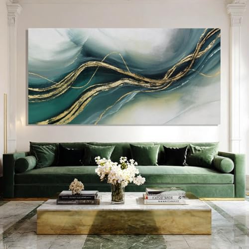 ZENPEE Gold and Green Modern Wall Art, Simple Abstract Canvas Prints, Wall Hangings & Posters for Living Room, Office & Hallway, 29" x 58" - color: Teal & Gold, size: 58"L x 29"W