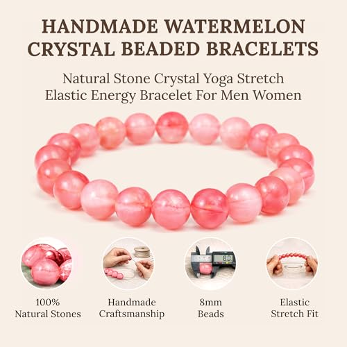 Elm City Direct 8mm Natural Stone Beaded Bracelet – Unisex Crystal Stretch Bracelets for Men & Women, Chakra & Healing Jewelry, Gift-Ready Beaded Bracelets - color: Watermelon Crystal