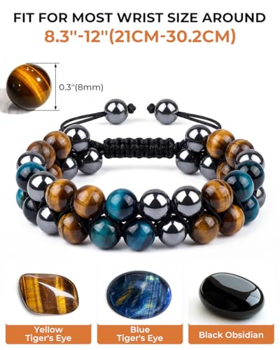 Triple Protection Bracelet - 8mm Tiger Eye, Hematite & Black Obsidian Beads - Handmade Healing Crystal Energy Bracelet for Luck & Anxiety Relief - Adjustable Spiritual Jewelry Gift for Men & Women - color: colorful (set 64)