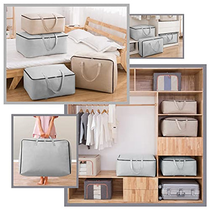 Breathable Canvas Cotton Soft Storage Bags with Handles & 3-side Zip, Good for Cotton Clothes Bedding Organizer Bins, Beige, 3pcs
