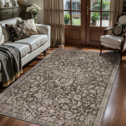 3x5 Washable Brown Rug Boho Floral Non-Slip Bedroom Rugs for Entryway Throw Rug Soft Low-Pile Indoor Floor Carpet for Living Room Laundry Foyer Decor
