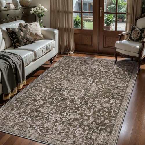 3x5 Washable Brown Rug Boho Floral Non-Slip Bedroom Rugs for Entryway Throw Rug Soft Low-Pile Indoor Floor Carpet for Living Room Laundry Foyer Decor