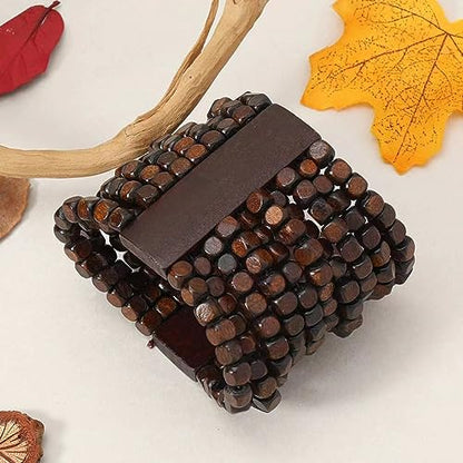 COLORFUL BLING Handmade Natural Wooden Beads Cuff Bracelet Woven Chunky Geometric Bangle for Women Summer Beach Boho Jewelry - color: multilayer