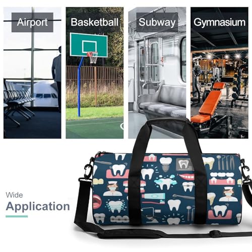 Teeth Dental Seamless Pattern Cylindrical Portable Fitness Bag, Large Capacity Handbag - color: Teeth Dental Seamless Pattern