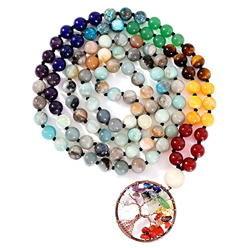 Bivei 108 Mala Beads Necklace Life Tree 7 Chakra Wrap Bracelet Real Healing Gemstone Yoga Meditation Hand Knotted Mala Prayer Bead Necklace - color: Amazonite, size: 8mm