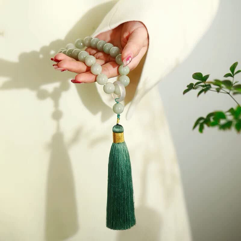 Green Jade Stone 12mm Beads Tassel Bracelet Necklace Tibetan Buddhist Mala Buddha Charm Rosary Yoga Men Woman Jewelry (Color : D) - color: D