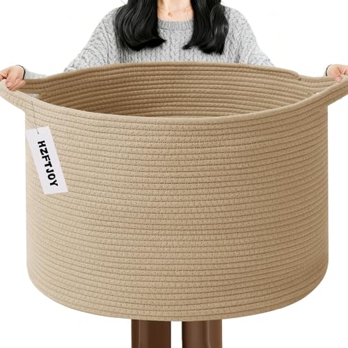 65L Large Blanket Basket,Woven Rope Laundry Basket Hamper with Handles,Decorative Nursery Basket Storage Bin for Toys, Pillows , Clothes Organizer, Living Room, Bedroom, Bathroom, Camel - color: Camel, size: 19.7"L x 19.7"W x 13"H(65L)